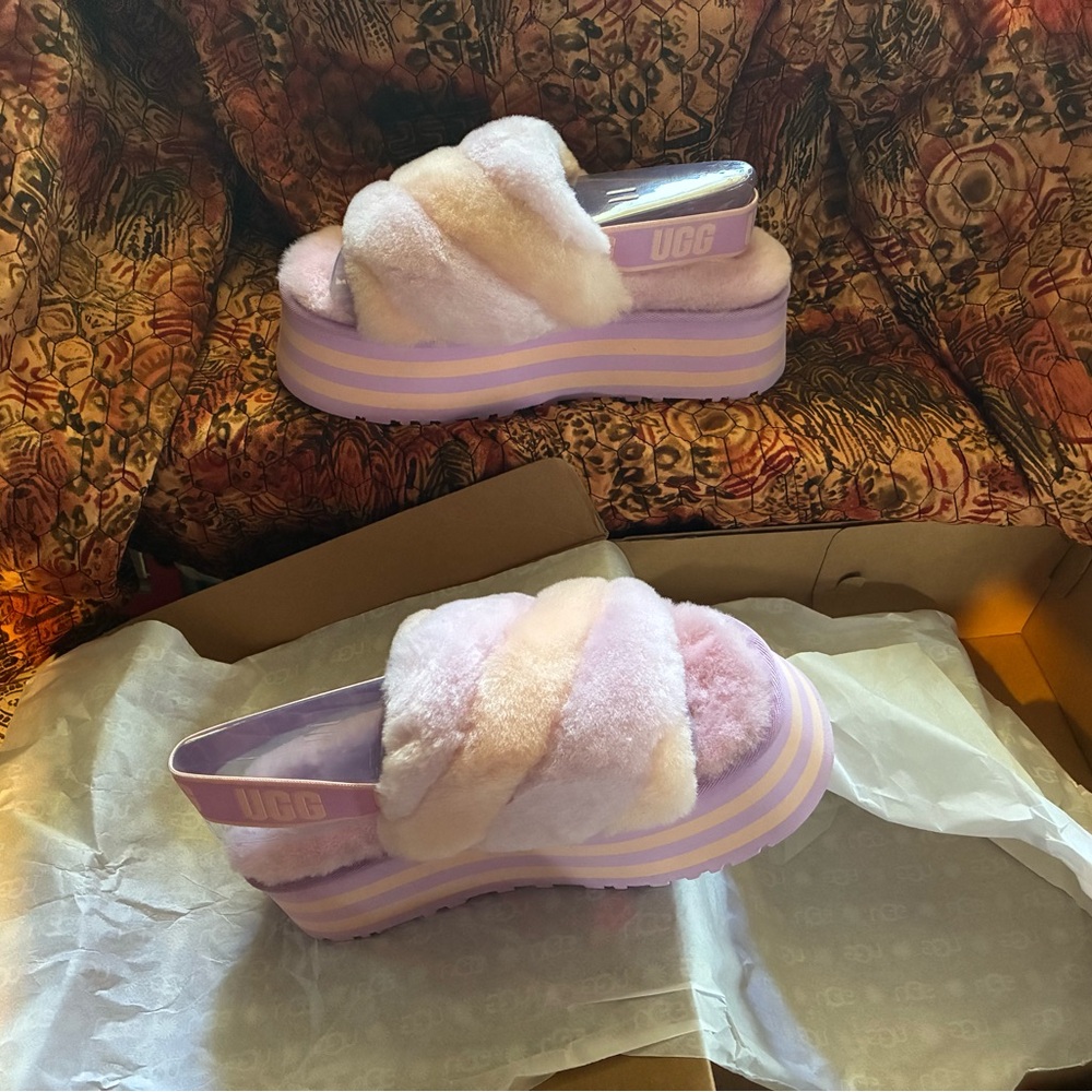 UGG Women's Pastel Pink and Lavender Fluffy Slippers